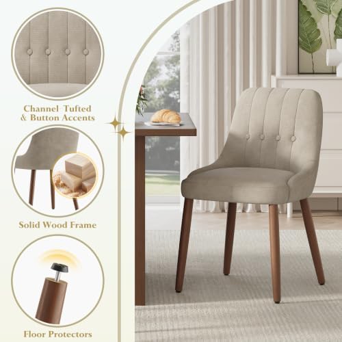 Wooden Dining Chairs Set of 2, Upholstered Fabric Kitchen Chairs with Tufted Button Backrest, Modern Dining Room Chairs with Solid Wood Legs for Kitchen, Camel