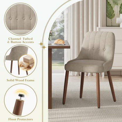 Wooden Dining Chairs Set of 2, Upholstered Fabric Kitchen Chairs with Tufted Button Backrest, Modern Dining Room Chairs with Solid Wood Legs for Kitchen, Camel