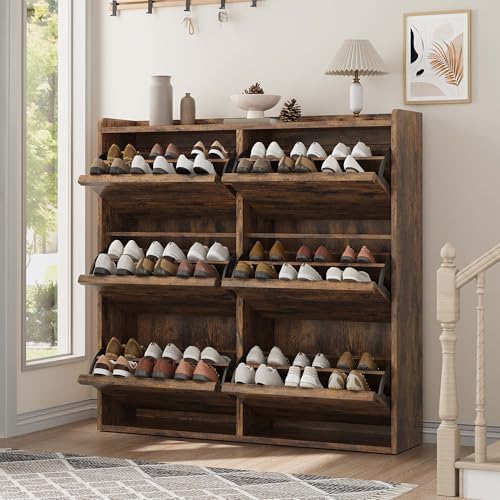 GarveeHome Shoe Cabinet with 6 Flip Drawers, Wooden Shoe Organizer Cabinet with Adjustable Shelf, Shoe Storage for Entryway, Hidden Shoe Cabinet for Hallway, Living Room, Rustic Brown