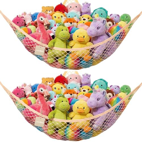 Lazebox Stuffed Animal Net Hammock for Plushie Toys, Stuffed Animal Hammock Corner for Kids' Room Decor, Ideas for Organizing Stuffy Collection, Yellow, L (72" x 50" x 50")-pack of 2