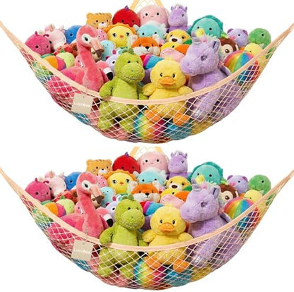 Lazebox Stuffed Animal Net Hammock for Plushie Toys, Stuffed Animal Hammock Corner for Kids' Room Decor, Ideas for Organizing Stuffy Collection, Yellow, L (72" x 50" x 50")-pack of 2