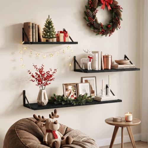 Long Wall Shelves for Bedroom, Set of 3 Large 40-Inch Floating Bookshelves, Rustic Wood Display Shelf for Home and Office (Black)