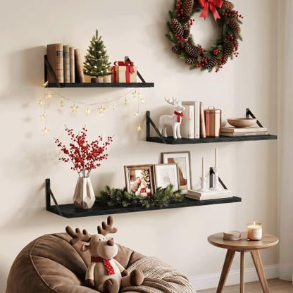 Long Wall Shelves for Bedroom, Set of 3 Large 40-Inch Floating Bookshelves, Rustic Wood Display Shelf for Home and Office (Black)