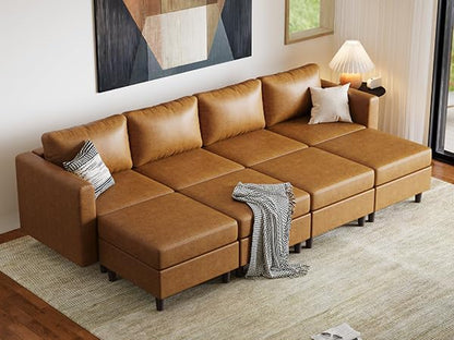 ABCASA 118.5" Faux Leather Luxury Modular Sleeper Sofa Bed with Storage Seat, 8 Seat Sectional Couch Deep Seat with Reversible Chaises & Removable Cover - Brown