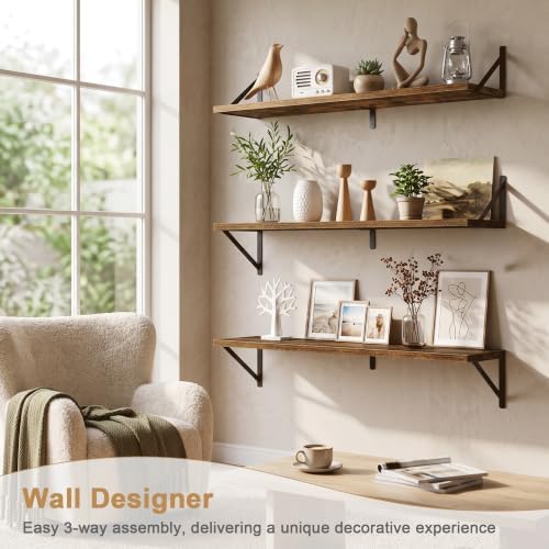 Extra Long Floating Wall Shelves, 48 x 8 Inches, Set of 3 Large Wood Floating Bookshelves with Metal Brackets for Storage & Display (Rustic Brown)