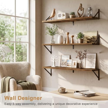 Extra Long Floating Wall Shelves, 48 x 8 Inches, Set of 3 Large Wood Floating Bookshelves with Metal Brackets for Storage & Display (Rustic Brown)