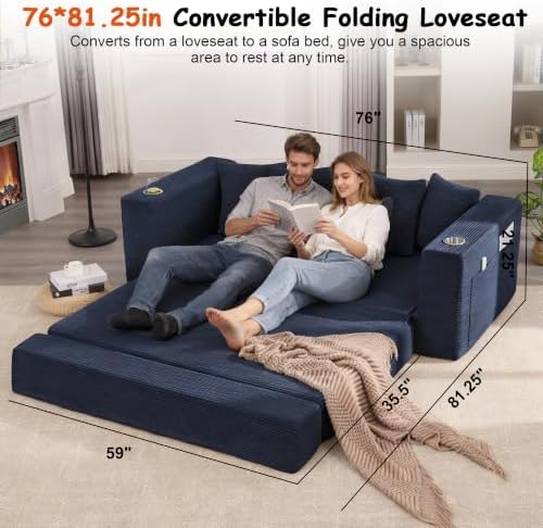 76" Convertible Sofa Bed, Corduroy Boneless Couch with Cup Holders & Pocket