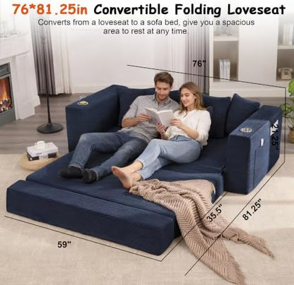 76" Convertible Sofa Bed, Corduroy Boneless Couch with Cup Holders & Pocket