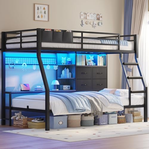 Bunk Bed Twin Over Twin with Charging Station & LED Lights, Black