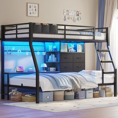 Bunk Bed Twin Over Twin with Charging Station & LED Lights, Black