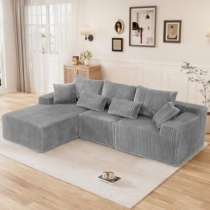 110" L Shaped Cloud Boneless Sectional Couches for Living Room, Modern Comfy Modular Deep Seat Memory Foam Compressed Corduroy Sofa Oversized Left Facing Chaise, No Assembly Required, Grey