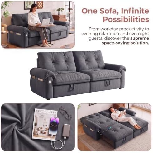 77" Convertible Queen Sofa Bed with USB Port & Side Pockets, Gray