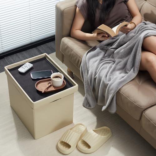 AmasSmile Ottoman with Storage,Folding Stool, 17" Leather,Beige 2 Pack