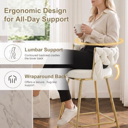 VECELO Bar Stools Set of 4, Counter Height Bar Stools, 26 inch Seat Barstools with Woven Back and Footrest for Kitchen Island Counter, White