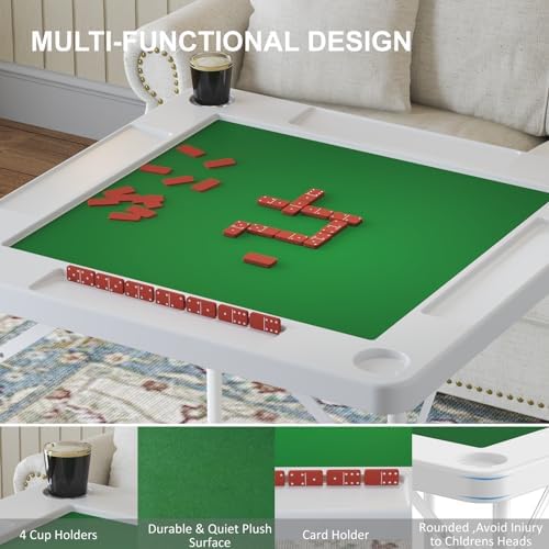 Mahjong Table, Large 35.4" Foldable Card Table with Green Tabletop, White