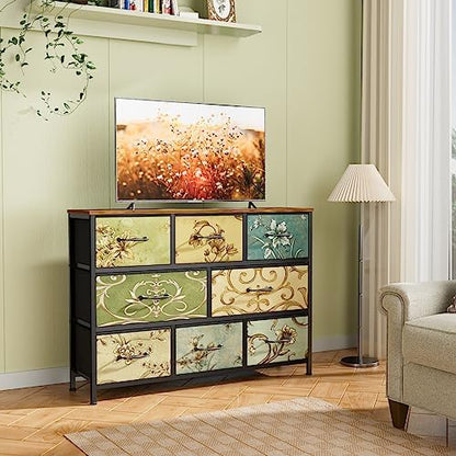8 Drawer Dresser for Bedroom, Wide Vintage Fabric Chest of Drawers