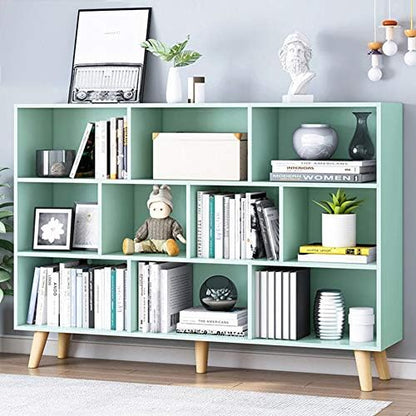 IOTXY Wooden Open Shelf Bookcase - 3-Tier Bookshelf with Leg, Tiffany-Green
