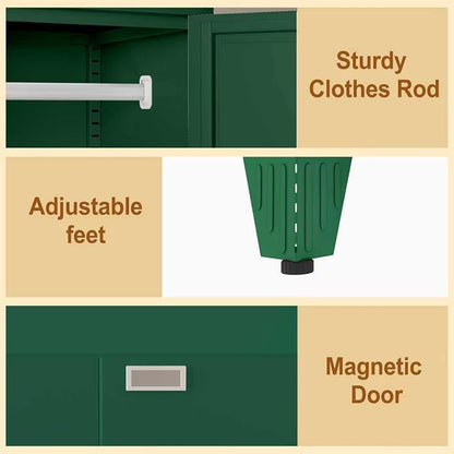Metal Armoire Wardrobe Closet Storage Cabinet with Mirror Green, 71'' Wardrobe Cabinet with Hanging Rod Metal Closet with 2 Adjustable Shelves for Bedroom, Laundry Room, Cloak Room