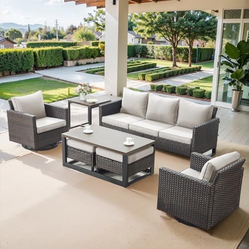 Belord 7 Piece Outdoor Furniture Patio Wicker Sofa Set, Oversize Outdoor Swivel Rocker Chairs with Rattan Ottomans, Conversation Sets Patio Furniture Come with Removable Washable Cushion Beige, Brown