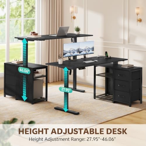47 Inch L Shaped Desk with 3 Drawers Electric Standing Desks with Storage Computer Table Adjustable Height with Power Outlets 4 Memory Presets for Home Office, Black