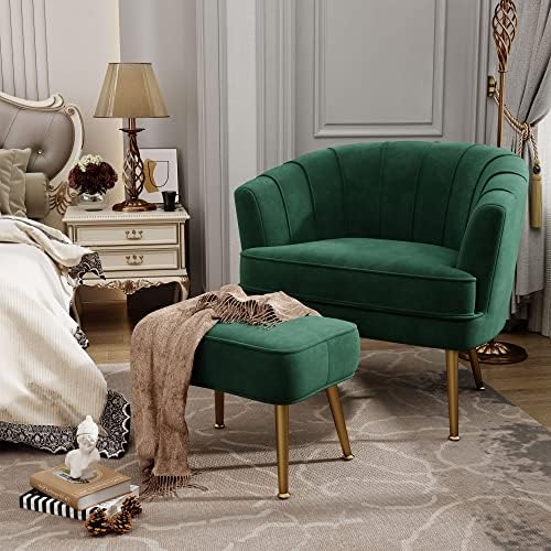 Andeworld Velvet Accent Chair with Ottoman, Barrel Armchair, Green