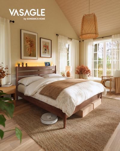 VASAGLE Queen Bed Frame, Wood Platform Bed with Headboard Storage Shelf
