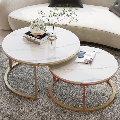WiberWi Round Coffee Table Nesting Tables Set of 2, Large: Ø 34.0", Small: Ø 26.0", Modern Design Coffee Tables for Living Room, Metal Frame Circle Cocktail Table, High Glossy Faux Marble, White&Gold