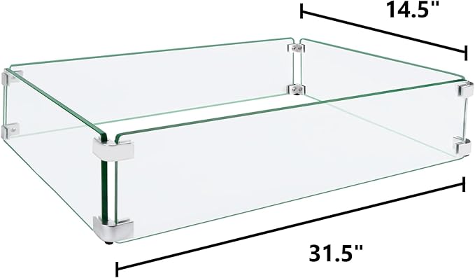 Fire Pit Wind Guard, 31.5"x14.5"x6" Glass Wind Guard for Fire Pit Square Table, Made of Clear Tempered Glass, Set with Assembly Instructions, Easy to Install