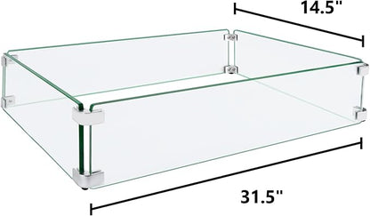 Fire Pit Wind Guard, 31.5"x14.5"x6" Glass Wind Guard for Fire Pit Square Table, Made of Clear Tempered Glass, Set with Assembly Instructions, Easy to Install