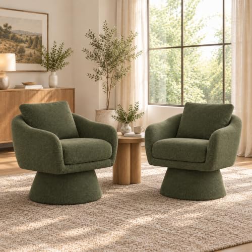 Zerel's HOME Swivel Barrel Accent Chairs Set of 2, Upholstered Armchair with Pillow, Modern Boucle Chair for Living Room Bedroom, Green