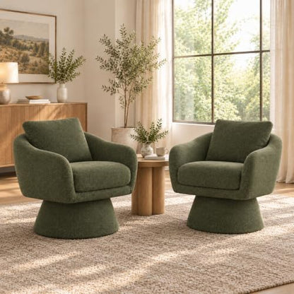 Zerel's HOME Swivel Barrel Accent Chairs Set of 2, Upholstered Armchair with Pillow, Modern Boucle Chair for Living Room Bedroom, Green