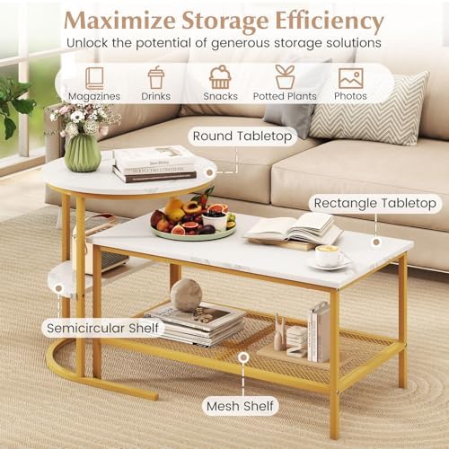 GOFLAME Nesting Coffee Table Set of 2, 2 PCS Nesting Tables with Faux Marble Top and Extra Storage Shelf, Modern Round End Table & Rectangular Coffee Tables for Living Room, Bedroom, Gold+White
