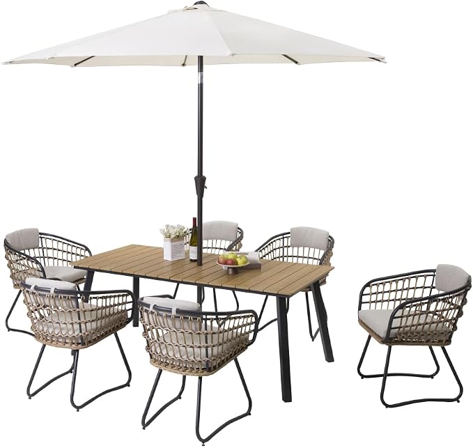 7-Piece Outdoor Wicker Dining Set with Wood-Plastic Composite Table Weather-Resistant Patio Furniture for 6 Person Scandinavian Design for Deck Garden Family Gatherings