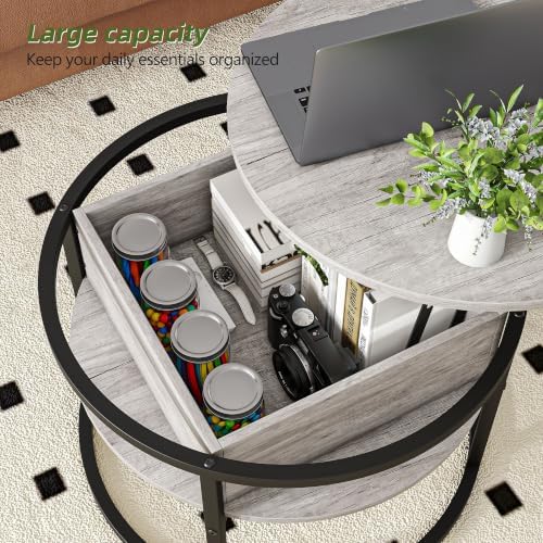 HOJINLINERO Round Coffee Table with Storage,Lift Top Coffee Table for Living Room Reception Room,2 Tier Small Round Table Dining Center,Grey