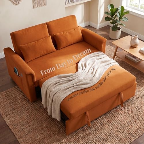 Sofa Bed, Pull Out Couch with Side Pockets, 3 in 1 Velvet Loveseat Sleeper Sofas Beds with USB Ports, Sofa Bed Couch with Adjustable Backrest for Living Room, Bedroom, Apartment, Orange