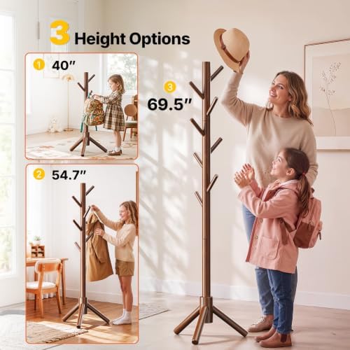AMADA Solid Wooden Coat Rack Freestanding with 8 Hooks, Walnut