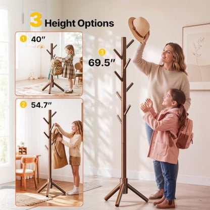 AMADA Solid Wooden Coat Rack Freestanding with 8 Hooks, Walnut