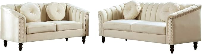 Sectional Sofa Set, Microfiber Chesterfield Upholstered Sofas Loveseat Couch Chair Sets with Style Button Tufted, Scroll Arms and Nailhead for Living Room, Office, Apartment, White,S