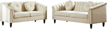 Sectional Sofa Set, Microfiber Chesterfield Upholstered Sofas Loveseat Couch Chair Sets with Style Button Tufted, Scroll Arms and Nailhead for Living Room, Office, Apartment, White,S