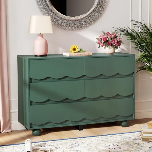 Green Scalloped 6 Drawer Dresser, Mid Century Storage Chest of Drawers