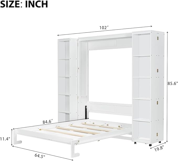 MERITLINE Queen Murphy Bed Cabinet with Storage Bookshelf Bookcase, Wood Hidden Foldable White Murphy Wall Bed with Storage Shelves for Adults