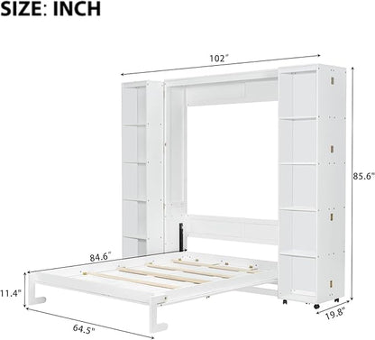 MERITLINE Queen Murphy Bed Cabinet with Storage Bookshelf Bookcase, Wood Hidden Foldable White Murphy Wall Bed with Storage Shelves for Adults