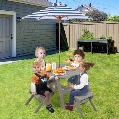 Costzon Kids Picnic Table, Fir Wood Octagon Kids Table and Chair Set with Removable Umbrella, Toddler Activity Table for Backyard, Garden, Patio, Kids Outdoor Furniture for Boys Girls (Grey)