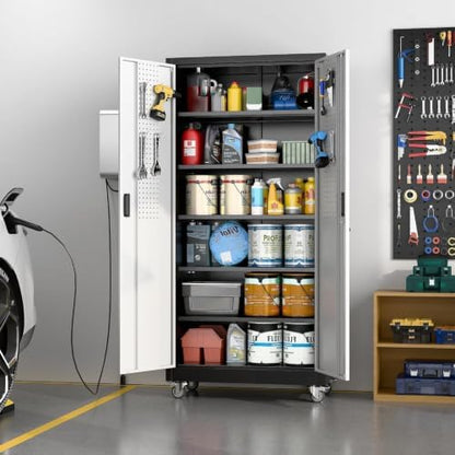 Metal Garage Storage Cabinets with Wheels,5 Adjustable Shelves 71"X34"X18"