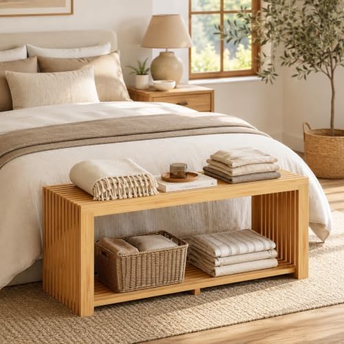 Bamboo Bench with Shelf, 35'' Entryway Bench Seat, Natural
