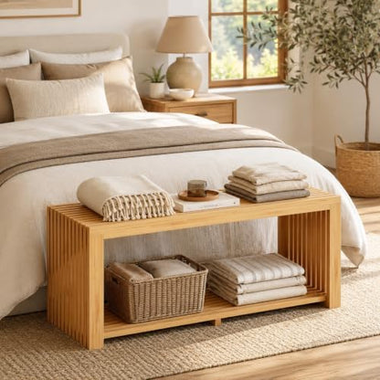 Bamboo Bench with Shelf, 35'' Entryway Bench Seat, Natural