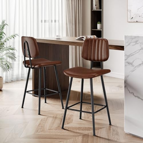Raynesys 24-Inch Leather Bar Stools Set of 4 with High Backrest, Dark Brown