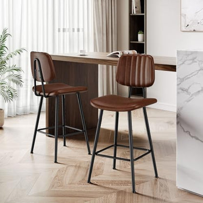 Raynesys 24-Inch Leather Bar Stools Set of 4 with High Backrest, Dark Brown