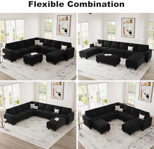 Belffin Modular Sectional Sofa Couch 7-Seater Convertible Sectional Sofa Velvet Modular Sectional with Storage Ottoman L Shaped Couch with Chaises Black