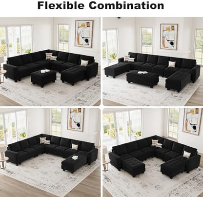 Belffin Modular Sectional Sofa Couch 7-Seater Convertible Sectional Sofa Velvet Modular Sectional with Storage Ottoman L Shaped Couch with Chaises Black